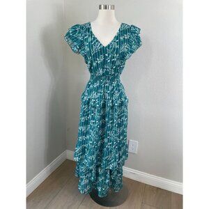 NEW J Gee Womens XL Teal Floral Midi Tiered Dress V Neck Ruffle Sleeves